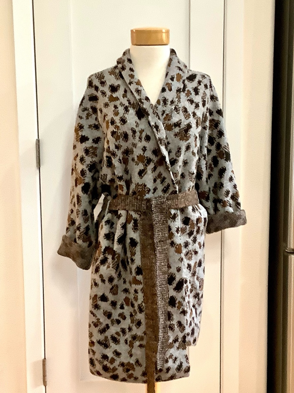 Time and Tru Leopard Print Belted Coatigan in Gray and Brown